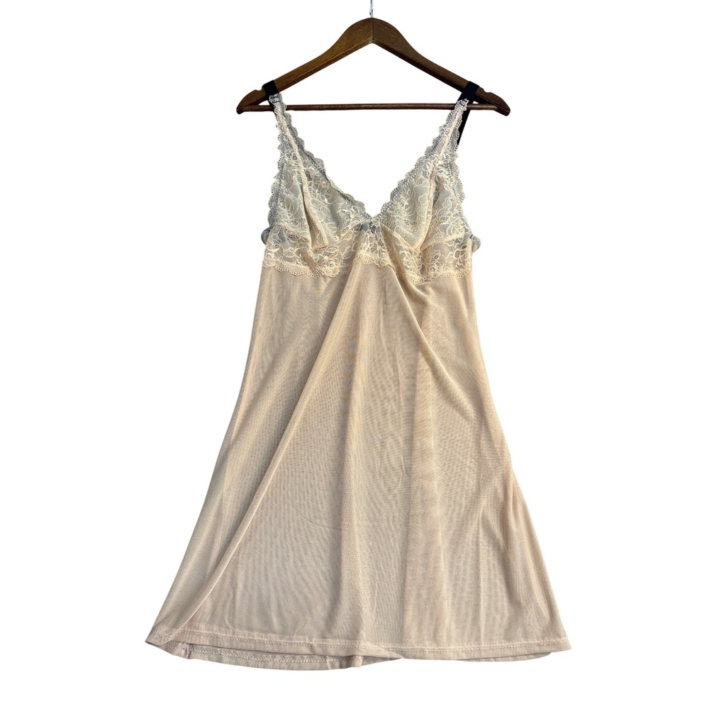 Midnight Coco Women Beige Sheer Mesh Lace Trim Chemise Nightgown 1XL RN116044